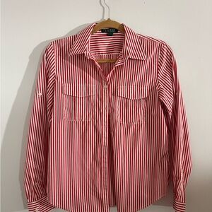 Ralph Lauren Red and White Striped Button-Up Shirt